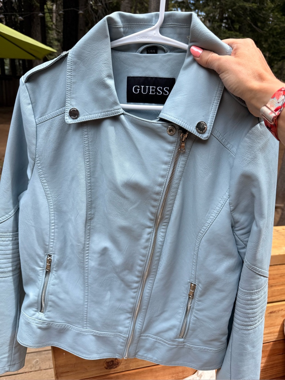GUESS Light Blue Moto Jacket Faux Leather Biker Zip Large - Picture 7 of 8